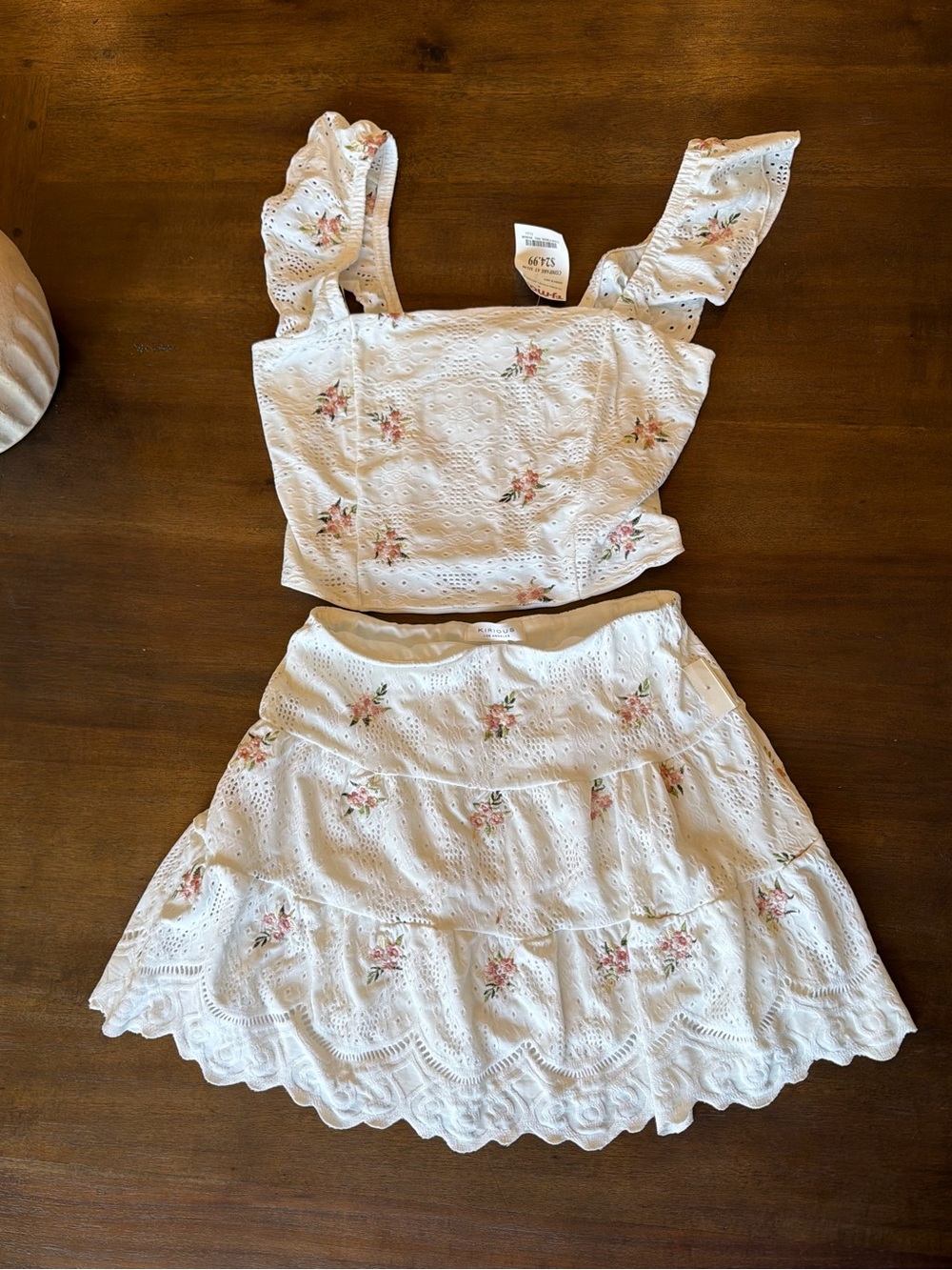 White Floral Eyelet Two-Piece Skirt Set - Women's